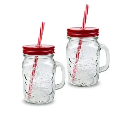 Image of G4GADGET 2 X 500ml Glass Mason Drinking Jars Bottles Party Drink Glasses + Lids and Straws
