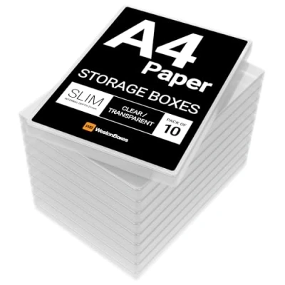Image of WestonBoxes A4 Slim Plastic Presentation or Storage Boxes with lids for Paper and Card (Clear, Pack of 10)