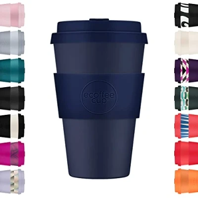 Image of Ecoffee Cup 14oz 400ml Reusable Eco Friendly 100% Plant Based Coffee with Silicone Lid &amp; Sleeve Melamine Free Biodegradable Dishwasher/Microwave Safe Travel Mug, Dark Energy