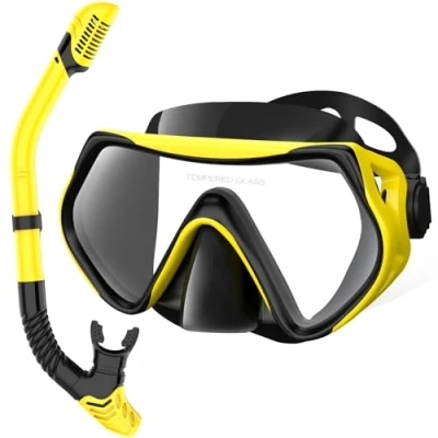 Image of Snorkeling Gear for Adults, Dry Top Snorkel Set Scuba Diving mask, 180Panoramic Wide View Professional Breathing Freely Mask (Yellow)