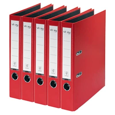 Image of VON Leitz Pack of 5 A4 Folders, Cardboard with Plastic Cover, 50 mm Spine Width, for 350 Sheets, FSC Certified Cardboard, School, Study &amp; Home, Red, 10561025
