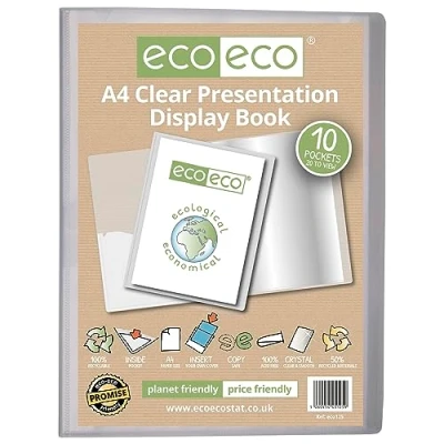 Image of eco A4 Size 50 Percent Recycled 10 Pocket Clear Presentation Display Book, Storage Case Portfolio Art Folder with Plastic Sleeves, eco125