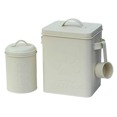 Image of simpa 3PC Metal Dog Food Storage Set featuring Embossed Paw Print Design: Tin, Treats Tin &amp; Serving Scoop Matt Cream Finish