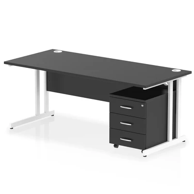 Image of Impulse 1800x800 Desk Black/White Cantilever Leg 3 Drawer Mobile Ped