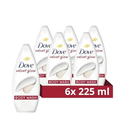 Image of Dove Velvet Glow Body Wash Cleanser shower gel with plant based moisturisers for softer, smoother skin after one 6x 225 ml