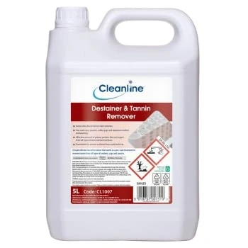 Image of Cleanline Destainer &amp; Tannin Remover, 5L Concentrate, Chlorine Based, Removes Stains from Crockery