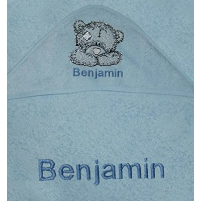 Image of Scruffy Bear 100% Cotton Personalised Baby Hooded Bath Towel. (Blue)