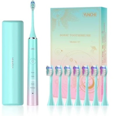 Image of YUNCHI Y7 Electric Toothbrushes for Adults, Rechargeable Sonic Toothbrush with 8 Brush Heads and Travel Case, Blue