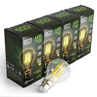 Image of ECO 60W Energy Saving Light Bulb, Low 8W LED Filaments, Bright 800 Lumen, Clear Glass, Warm White (2700K), B22 Standard UK 2 pin Bayonet, 25000Hrs Lifetime. (4xPACK)