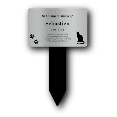 Image of Personalised Cat Memorial with Silver Plaque and Black Acrylic Stake Customise up to 7 Lines of Text UV Printed for Outdoor Use