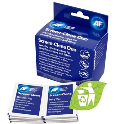 Image of AF Screen Clene Monitor Cleaning Duo Pairs of Wet and Dry Wipes. Anti Static Wipes Box 20 For Smartphones, TV&#039;s, Glasses Lenses, Laptops, Monitors &amp; Tablets, Silver,SCR020
