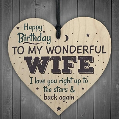 Image of RED OCEAN Wonderful Wife Happy Birthday Wooden Heart Husband Card Love Wall Plaque Thank You Gift