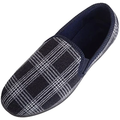 Image of ABSOLUTE FOOTWEAR Mens Lightweight Slip On Traditional Checked Twin Gusset Winter Slipper Navy UK 9 / EU 43