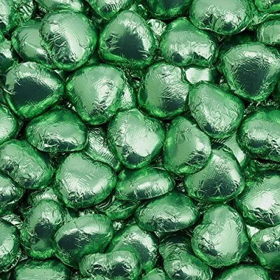 Image of Italian Options Milk Chocolate Foiled Hearts, 150 Chocolates, Green Foil