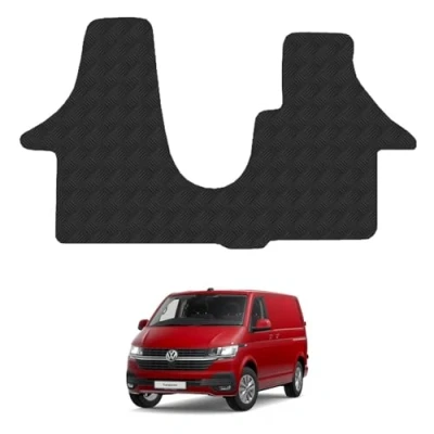 Image of Floor Mats for VW Transporter T6 (2015 2019) [Double Seat] 5mm Rubber Tailored Fit Van Mat Set Black Accessory Custom Fitted 1 Piece Front Anti Slip, Heavy Duty &amp; Waterproof