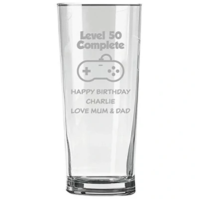 Image of Personalised Engraved Pint Glass 50th Birthday Gift, Level 50 Complete with Name and Message Design