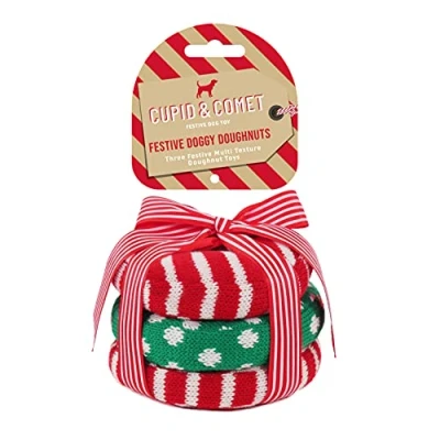 Image of Rosewood Cupid and Comet Festive Doggy Doughtnut Dog Toys, Interactive Including: 1 x Squeaky Doughnut Toy, Rope Toy Crinkle 14cm Diameter