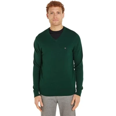 Image of Tommy Hilfiger Men Essential Cotton V Neck MW0MW14745 Green (Ornamental Green) S