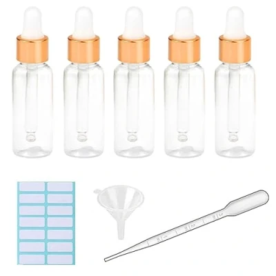 Image of 5Pcs Transparent Dropper Bottle 10ML Plastic Eye Bottles for Essential Oil Pipette Refillable with Measured Pipette, Funnel and Labels (30ml White + Gold Cap)