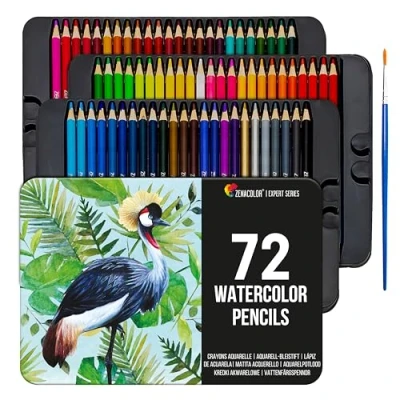 Image of 72 Professional Watercolour Pencils with a Brush in Metal Box Set of Unique Numbered Watercolor for Artists and Adult Coloring
