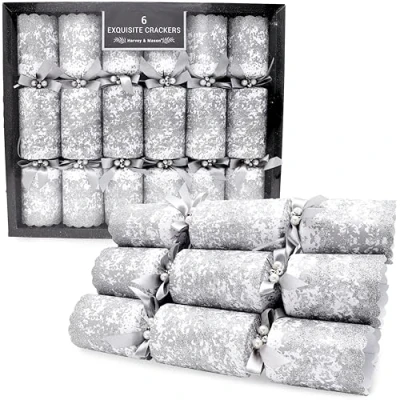 Image of Toyland® 6 Deluxe Glittery Silver Christmas Crackers Hats, Mottos, Snaps &amp; Novelty Gift Included Table Decorations