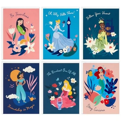 Image of Hallmark Disney Princess Note Card Assortment (24 Blank Cards with Envelopes) Cinderella, Tiana, Ariel, Jasmine, Mulan, Aurora