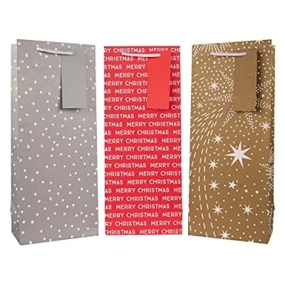 Image of Hallmark Christmas Bottle Gift Bags, 3 Festive Designs, Pack of 3, Red, Gold, Silver, 25553032