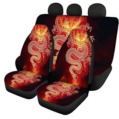 Image of Jeiento Dragon Print Seat Cover for Car Front Back Protector, Durable Cover, Pack of 4, Universal Fit, Non Slip &amp; Machine Washable, Men Women