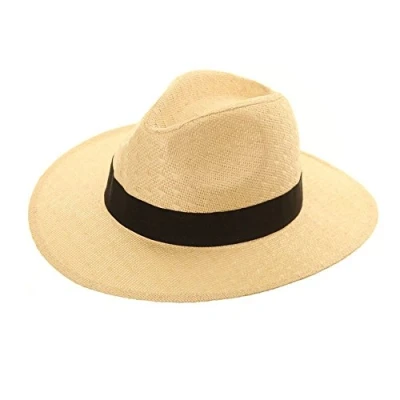 Image of UNISEX STRAW CRUSHABLE FOLDABLE PACKABLE SUMMER FEDORA,PANAMA TRILBY SUN HAT With Belt Band and Wider Brim, beige, 58