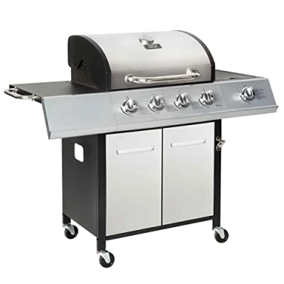 Image of Charles Bentley 5 Burner Premium Gas BBQ In Silver With 4 Burners + 1 Side Burner, Warming Rack, Table, Built Thermometer, And Layered Hood For Family BBQs, Parties, More (136x106cm)