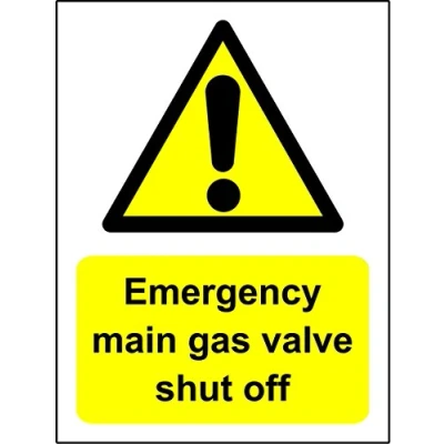 Image of EMERGENCY MAIN GAS VALVE SHUT OFF SIGN Self adhesive sticker 150mm x 200mm