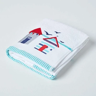 Image of HOMESCAPES Beach Hut Embroidered Hand Towel Blue, Red &amp; White Seaside Patterned Guest 100% Cotton 550 GSM Super Absorbent Fluffy Holiday for Pool or Gym