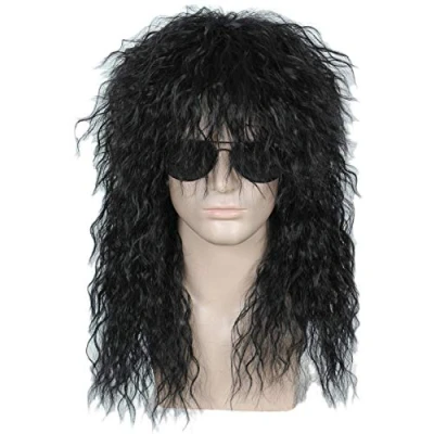 Image of Linfairy 80s Curly Black Heavy Metal Halloween Mullet Fancy Dress Wig