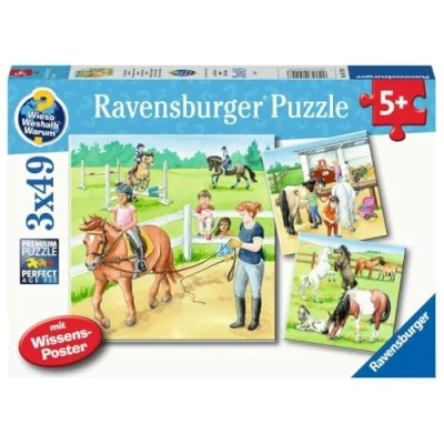 Image of Ravensburger 05129 Children&#039;s Puzzle &quot;A Day at the Riding Yard&quot; 3 x 49 Pieces Wieso? Weshalb? Warum? for Children from 5 Years