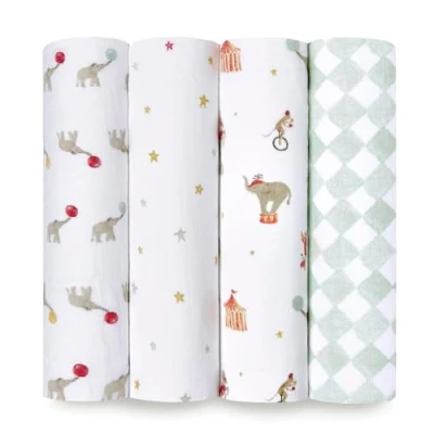 Image of aden + anais Essentials Disney Baby Muslin Swaddle Blankets, Newborn Receiving Blanket for Swaddling, 100% Cotton Wrap, 4 Pack, Elephant Circus