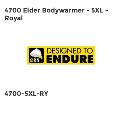 Image of ØRN International Eider (4700) Mens Workwear Padded Bodywarmer, Windproof, Machine Washable Royal, 5XL