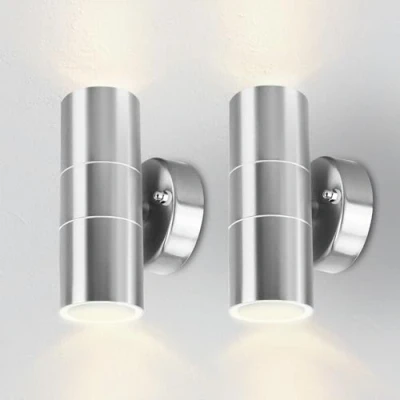 Image of Kerry Outdoor Wall Lights, Up Down Mains Powered Lighting, Silver Stainless Steel IP44 Waterproof, Exterior Sconce for Indoor, Front Door, Patio, Hallway, Porch, Garden, Garage, Post 2 Pack