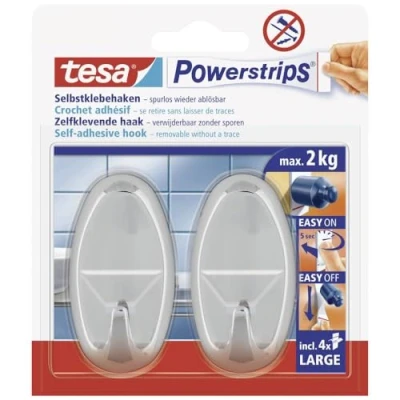 Image of tesa Powerstrips Hooks Large OVAL Removable Self Adhesive Wall Hook for Glass, Tiles, Wood, Plastic and Other Surfaces Chrome Holds Up to 2 kg