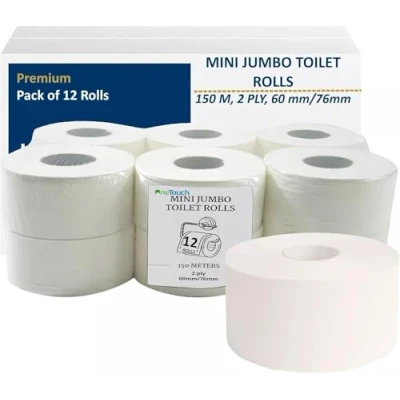 Image of Mini Jumbo Toilet Rolls, 2ply Soft Commercial Rolls Pack of 12, Paper 150M 2&quot; &amp; 3&quot; Core (76mm Core)