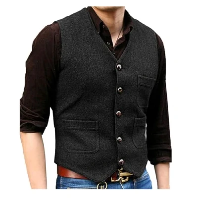 Image of Solovedress Formal Vintage Waistcoat Tweed Wool Blend Suit Vest with Real Pockets for Wedding Groomsmen(Black,XL)