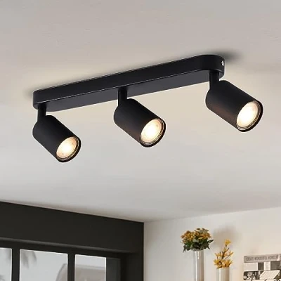 Image of ANWIO 3 Black GU10 Spotlight Ceiling Lights,Bedroom Kitchen Lights Ceiling,GU10 Industrial Hallway Light Fitting,Spot Bar Indoor Adjustable Spot Lamp(Bulbs Not Included)