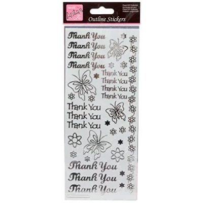Image of Anitas Outline Stickers, Thankyou, Silver on White, For Scrapbooking, Card Making, Kids Play, Homework, Art, Craft, Embelish, Decorative, Paper, Card, Glass, Metal, Plastic, Foam