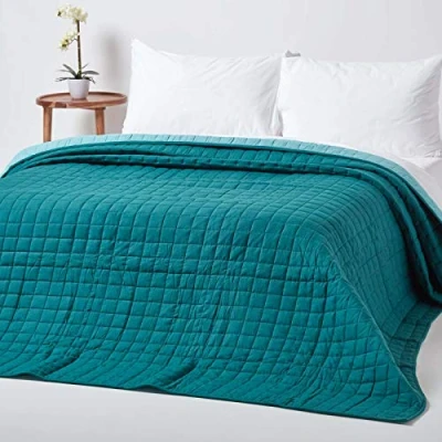 Image of HOMESCAPES 100% Cotton Reversible Twin Colour Quilted Bedspread Throw Teal Green &amp; Blue Single 150 x 200 cm Washable Bedding Sofa