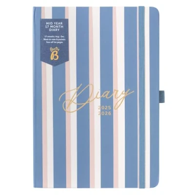 Image of Busy B A5 Diary Mid Year 17 Month Aug &#039;25 Dec &#039;26 Stripe Academic Week to View Planner with Pen Loop, Tear off Lists, Elastic Closure Band &amp; Storage Pockets