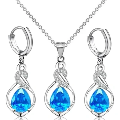 Image of FDEETY Jewelry Sets for Women Rhinestone Pendant Necklace Earrings Set Hypoallergenic Gift Girlfriend Wife on Valentine’s day (Blue)
