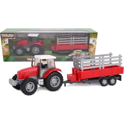 Image of Toyland® 22.5cm Farm Tractor &amp; Tanker/Trailer Set Free Wheel Action Boys Toys (Red Trailer)