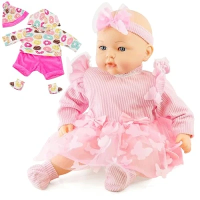 Image of BiBi Doll Maeve 18&quot; Lifelike Baby Girl In Pink Dress With Sounds, Dummy And Extra Clothes Realistic Dolls For Girls Boys Accessories Talking