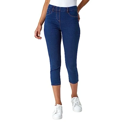 Image of Roman Originals Cropped Jeggings for Women UK Ladies Capri Stretchy Jeans Denim Legging Cotton Summer Trouser Three Quarter 3/4 Length Pull On Cut Off High Waist Smart Indigo Size 20