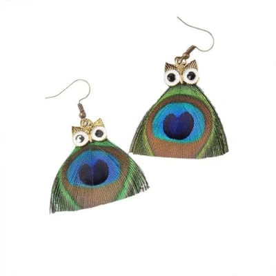 Image of Bohemian Feather Earrings Dangle Drop Earring For Women,Vintage Owl Peacock Earrings,Lightweight Style Hook Earrings,Peacock Blue,6Cm
