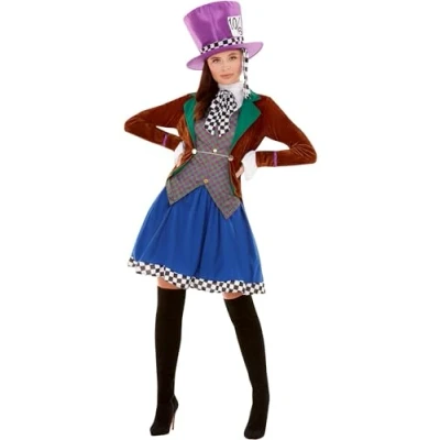 Image of Smiffys Miss Hatter Costume, Multi Coloured with Jacket, Attached Waistcoat, Skirt &amp; Hat, Fairytale, Wings and Wands Fancy Dress, Storybook Character Dress Up Costumes